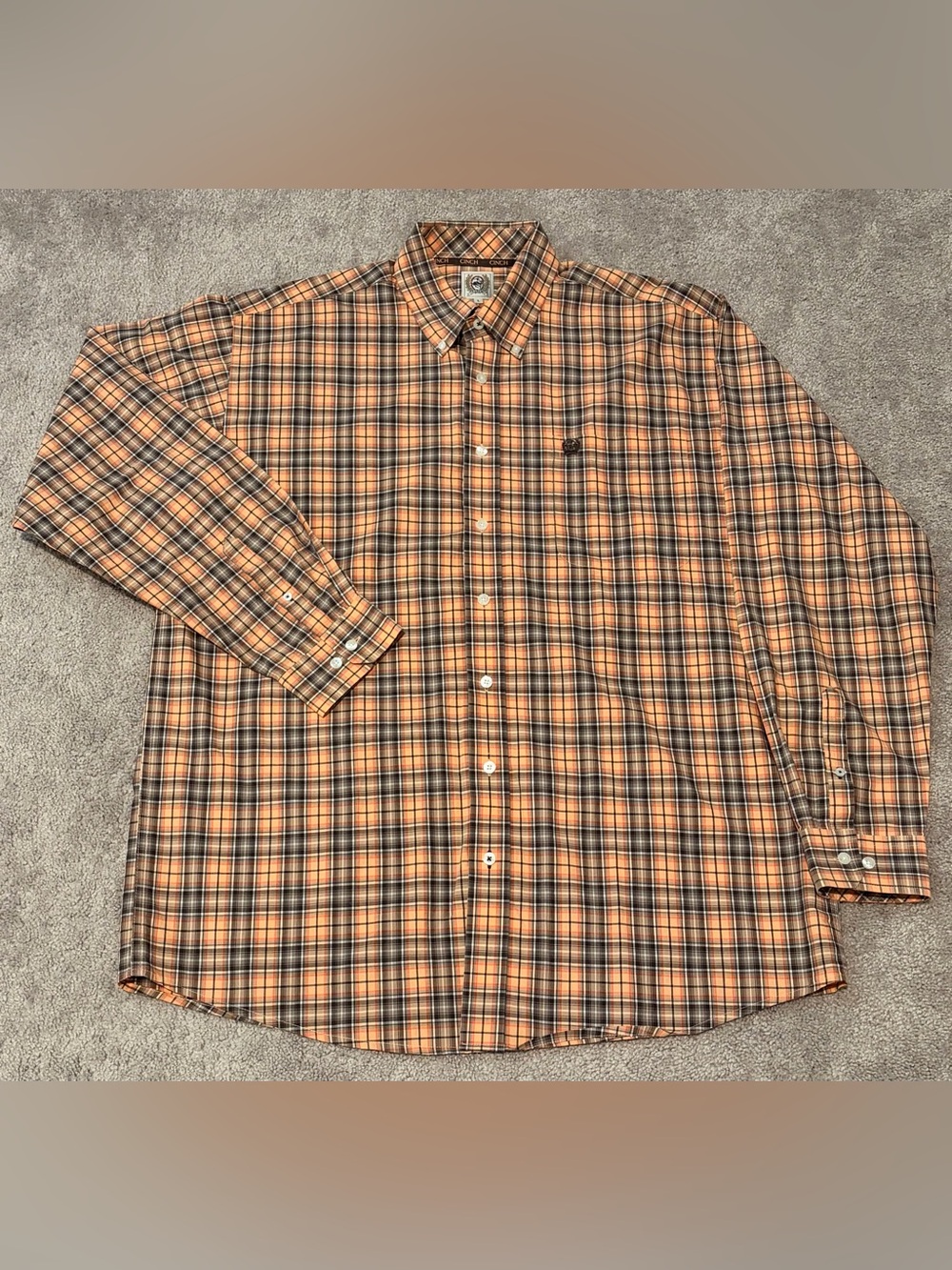 Cinch Mens Size Large Orange Plaid Button Down Western Long Sleeve Shirt Cowboy